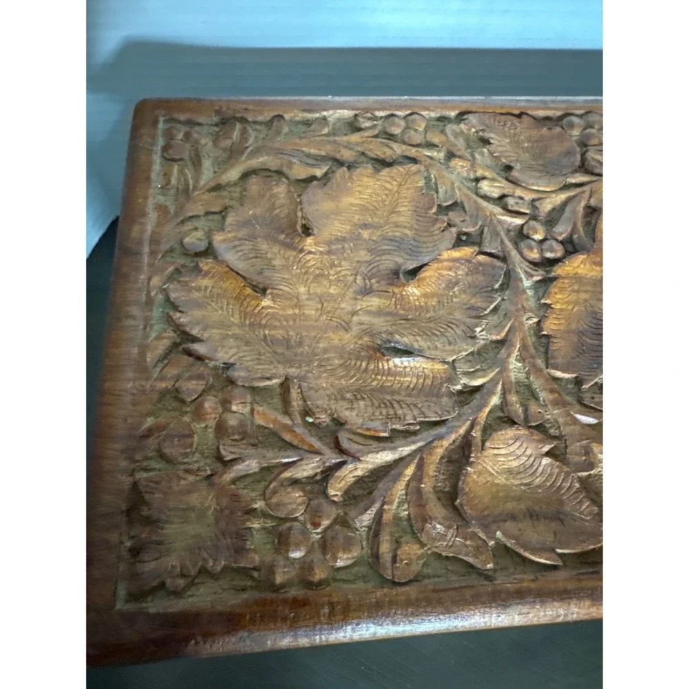 Vintage Hand Carved Floral Wooden Jewelry Keepsake Box Red Velvet Made in India